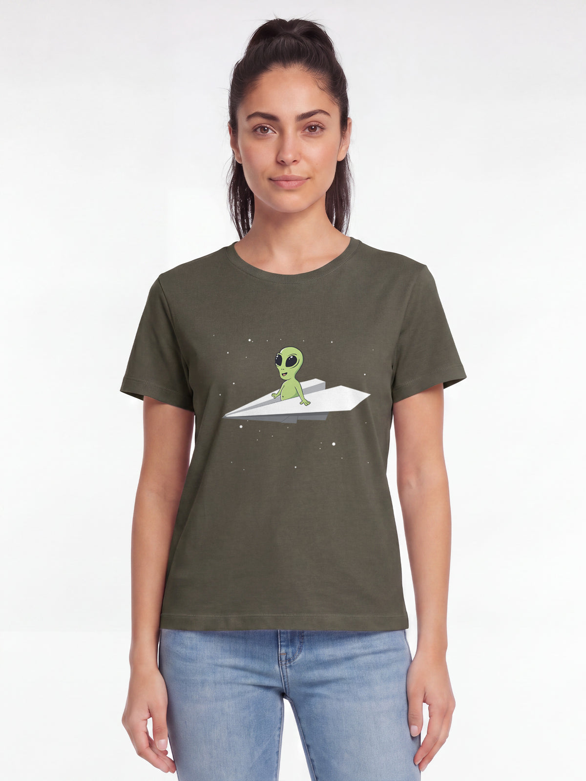 Alien on a paper plane | T-Shirt Frauen-model_01;C223